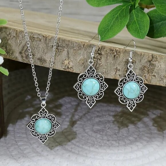 BJ Glamorous Vintage Style Floral Turquoise Gems Retro Necklace/Earring Set - Picture 7 of 7